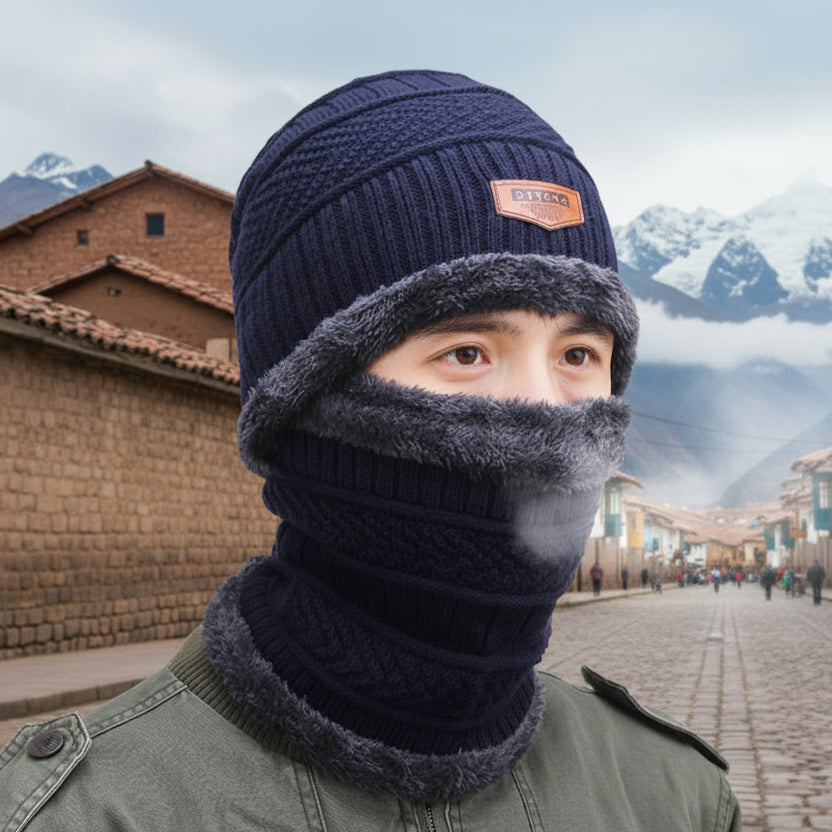 Conjunto de gorro y bufanda de invierno para hombre: gorro de punto polar cálido con orejeras