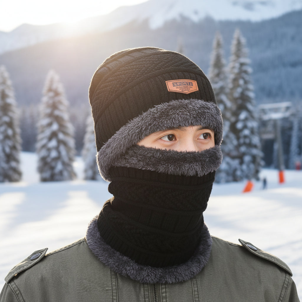 Conjunto de gorro y bufanda de invierno para hombre: gorro de punto polar cálido con orejeras