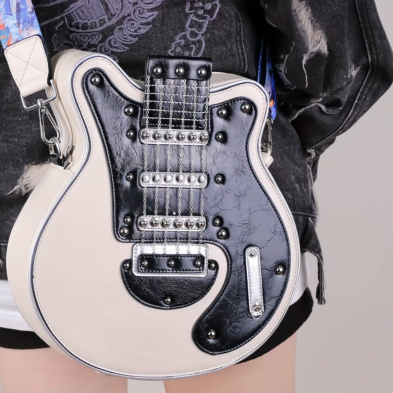 2024 Niche Guitar Shaped Y2K Style Novel Crossbody Bag, Rivet Decorated Fashionable Shoulder Bag