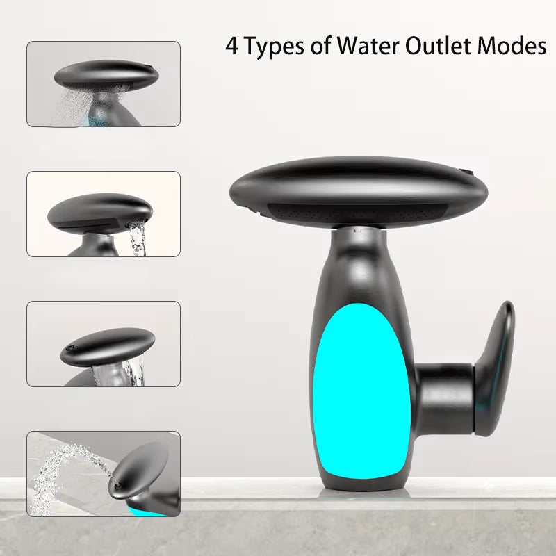 Deck Mounted Bathroom LED Pull Out Faucet Waterfall Basin Sink Faucet 4 Modes Water Outlet Cold and Hot Mixer Tap Matte Black