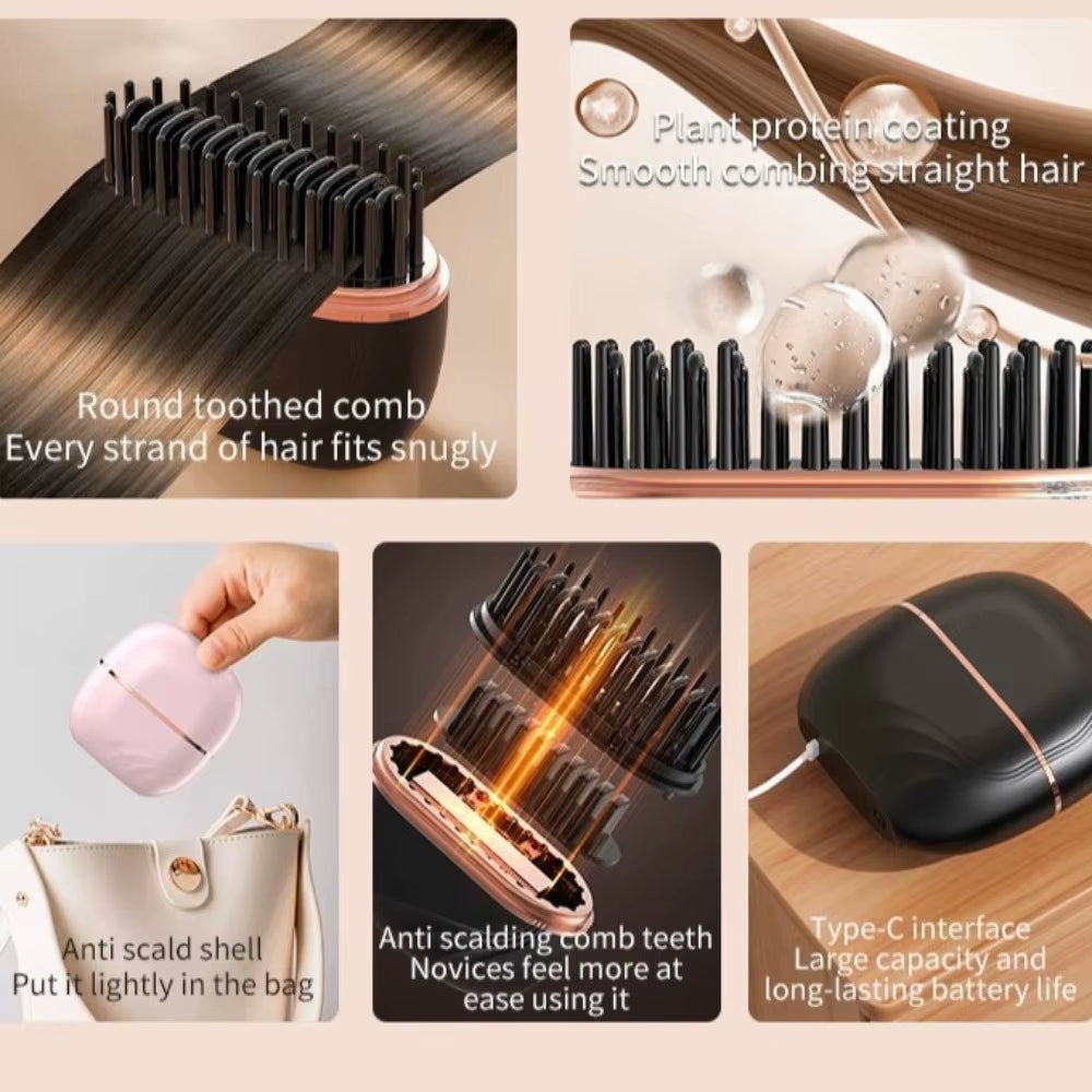Mini Electric Heating Hair Straightener Brush Rechargeable Hairdressing Tool Cordless Hair Straightener Comb Portable