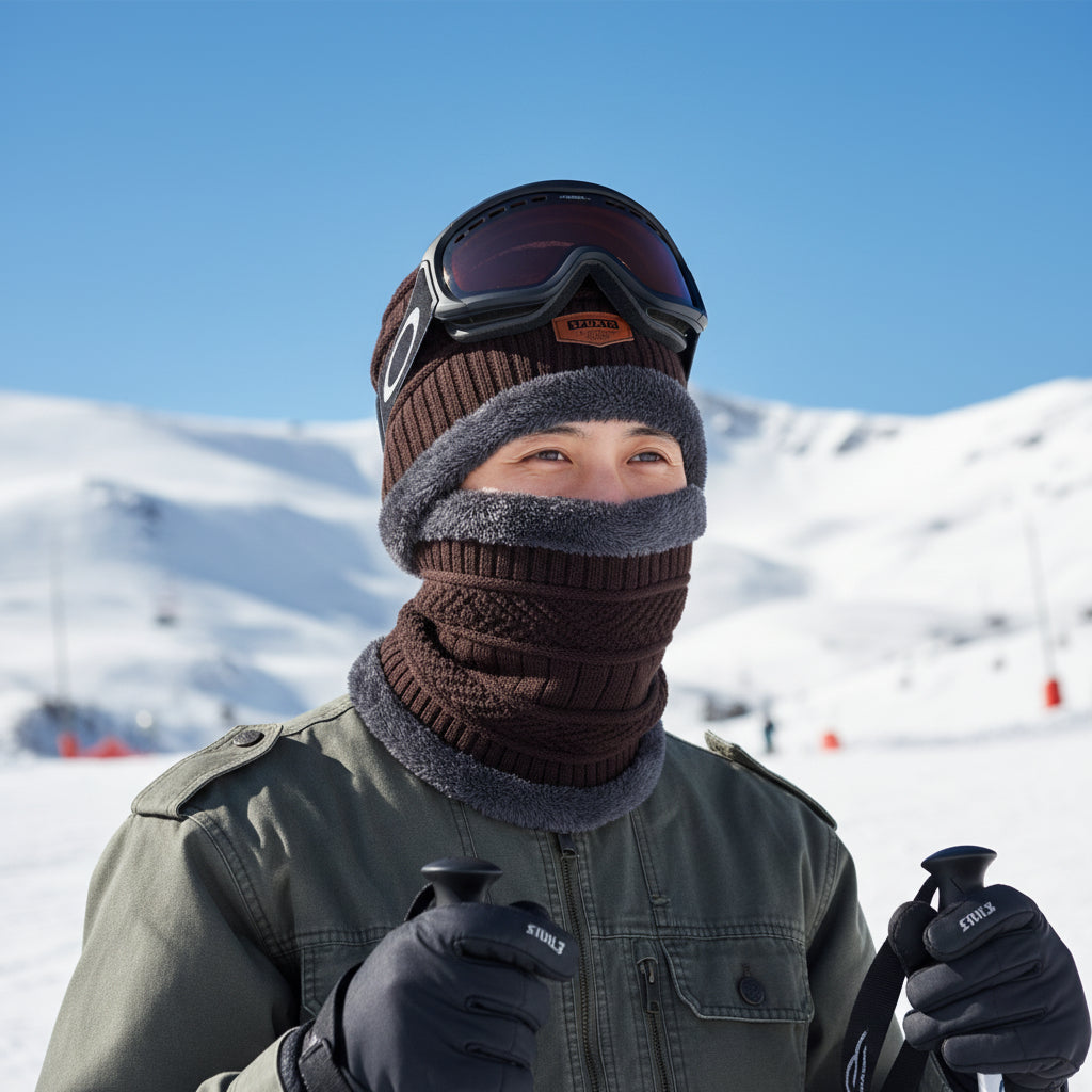 Conjunto de gorro y bufanda de invierno para hombre: gorro de punto polar cálido con orejeras