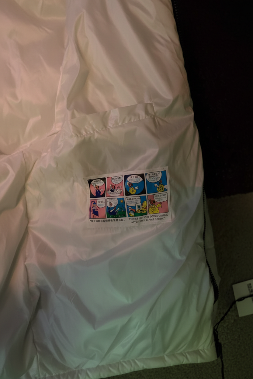 Binnenkant voering met comic-strip label