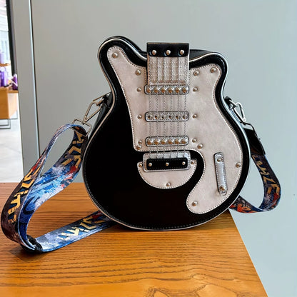 2024 Niche Guitar Shaped Y2K Style Novel Crossbody Bag, Rivet Decorated Fashionable Shoulder Bag