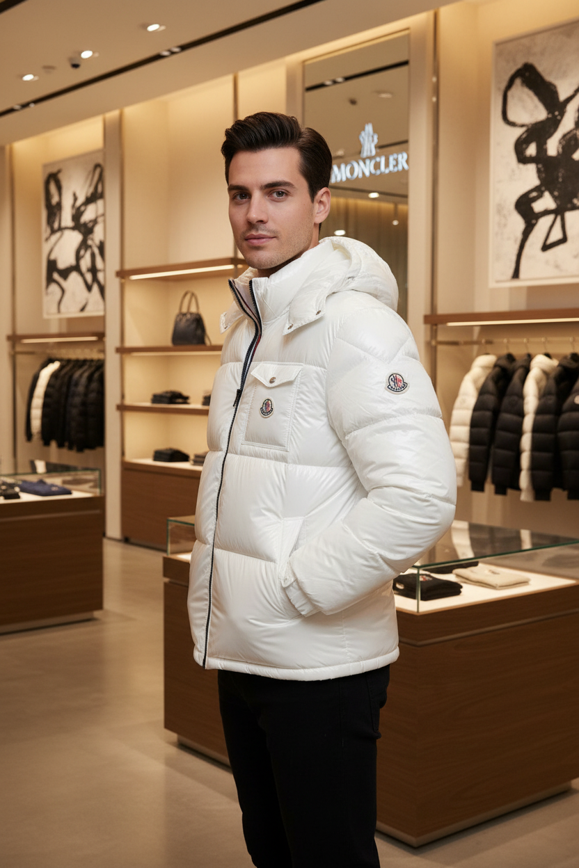 Witte Moncler jas - driekwart aanzicht