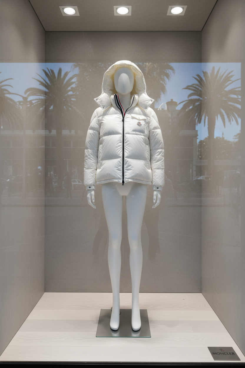 Witte Moncler jas op paspop in etalage